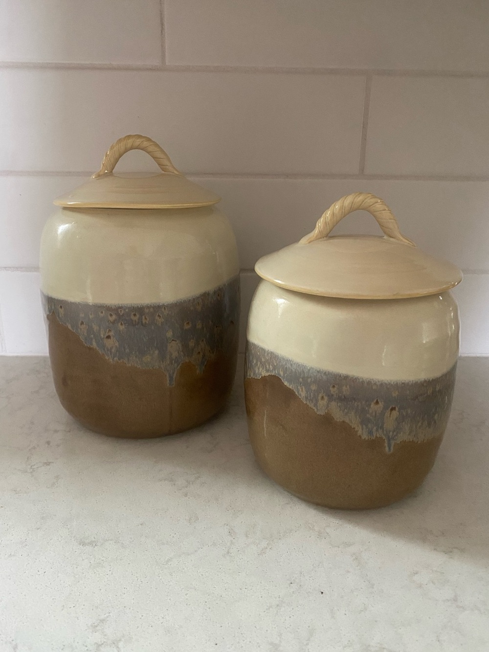 Neher, ‘Clay in Motion’, hand thrown Cream and Brown Ceramic Canister Set